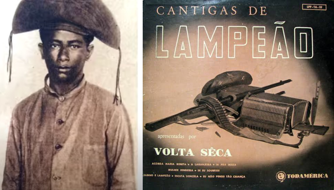 O menino-cangaceiro Volta Seca (1918-1987) e a capa de seu disco de 10 polegadas, que revelou "Acorda Maria Bonita" e "Mulher rendeira". (Crédito: Reprodução)
